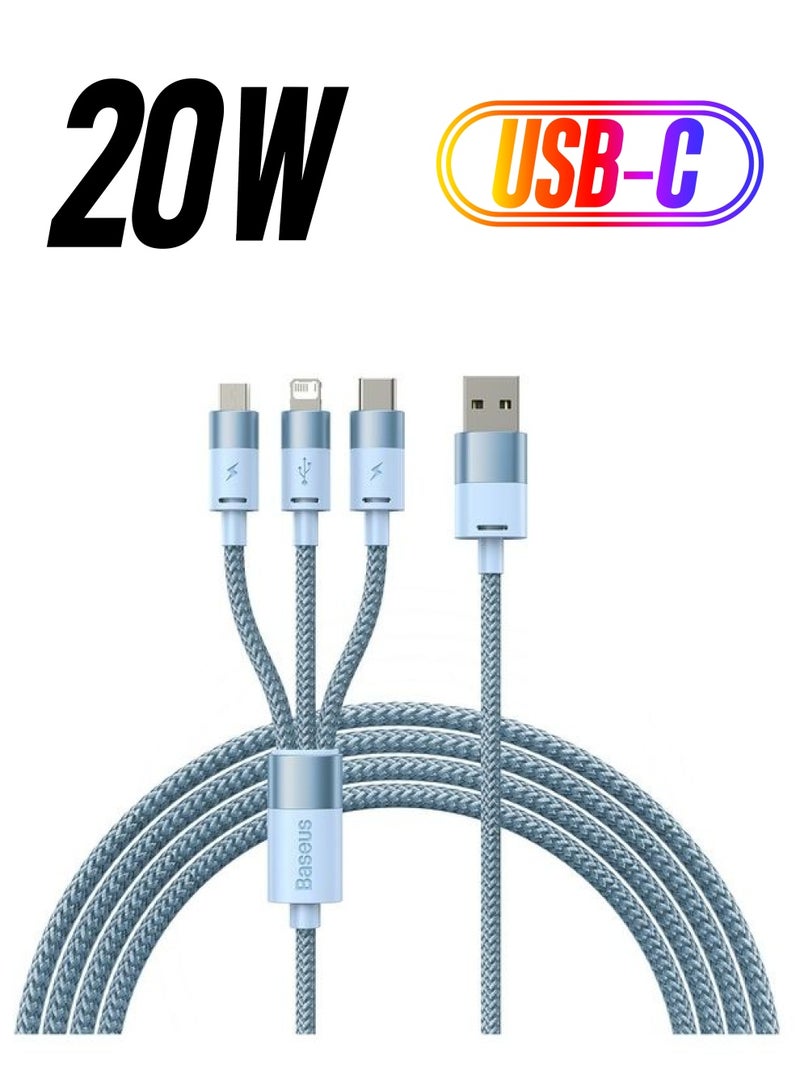Baseus - 3 in 1 Multi Charging Cable, Nylon Braided USB to Lightning And USB-C Multi Charger Cord for Multiple Devices Apple + Android Fast Charger Cable for iPhone 14/13/12/11/8/iPad Pro, Samsung Series 1.2M Blue - Image 1