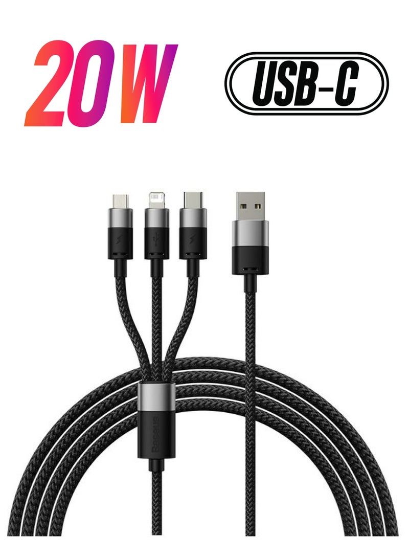 Baseus - 3 in 1 Multi Charging Cable, Nylon Braided USB to Lightning & USB-C Multi Charger Cord for Multiple Devices Apple & Android Fast Charger Cable for iPhone 14/13/12/11/8/iPad Pro, Samsung Series 1.2M Black - Image 1