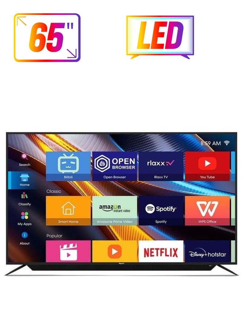 Impex - 65 Inch 4K Ultra HD Smart Android LED TV, Built-in Soundbar, A+ Grade Panel, Mirror Cast, HDMI\USB\Wi-Fi Input, Netflix, YouTube, Disney+, Apple TV+, Starz Play Arabia IX65UHDS Black - Image 1