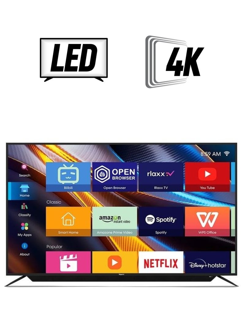 Impex 65 Inch 4K Ultra HD Smart Android LED TV, Built-in Soundbar, A+ Grade Panel, Mirror Cast, HDMI\USB\Wi-Fi Input, Netflix, YouTube, Disney+, Apple TV+, Starz Play Arabia IX65UHDS Black  - Image 1