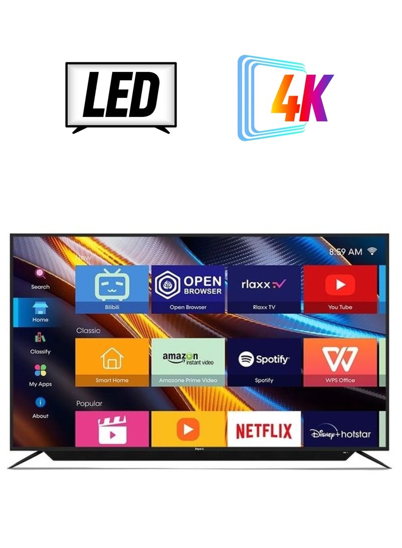 Impex 65 Inch 4K Ultra HD Smart Android LED TV, Built-in Soundbar, A+ Grade Panel, Mirror Cast, HDMI\USB\Wi-Fi Input, Netflix, YouTube, Disney+, Apple TV+, Starz Play Arabia IX65UHDS Black  - Image 1
