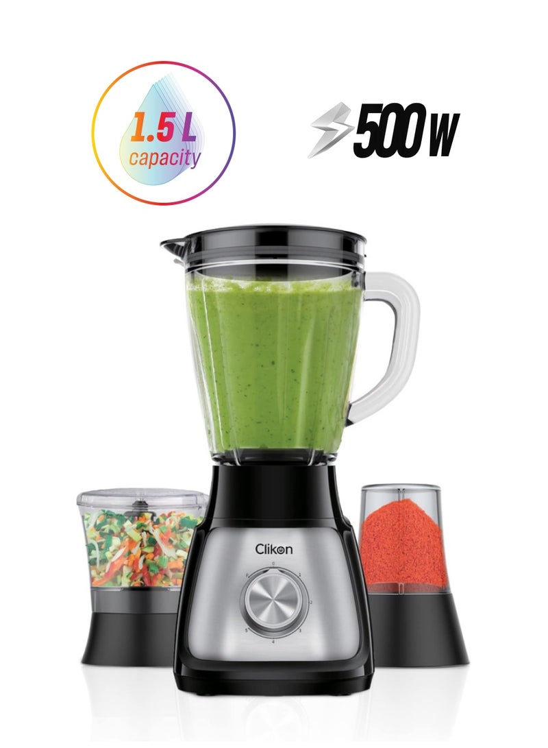 Clikon 3 in 1 High Powered Blender with Transparent Jar, 2 Grinder Mills, Stainless Steel Blades, Safety Switch & 5 Speed Settings with Pulse Function 1.5 L 500 W CK2647 Silver & Black - Image 1