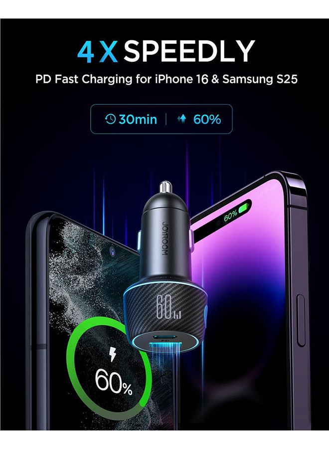 JOYROOM 60W Fast Charging Car Charger with PD & QC 3.0 – Dual Port Fast Charging, Carbon Fibre, 7-Color LED Light, Smart Safety Chip, (iPhone 70% in 30 Mins) | For iPhone 16 and Below, Samsung S25 and Below, Huawei & More | Over Heat Protection Black  - Image 2