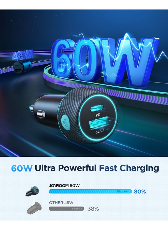 JOYROOM 60W Fast Charging Car Charger with PD & QC 3.0 – Dual Port Fast Charging, Carbon Fibre, 7-Color LED Light, Smart Safety Chip, (iPhone 70% in 30 Mins) | For iPhone 16 and Below, Samsung S25 and Below, Huawei & More | Over Heat Protection Black  - Image 4