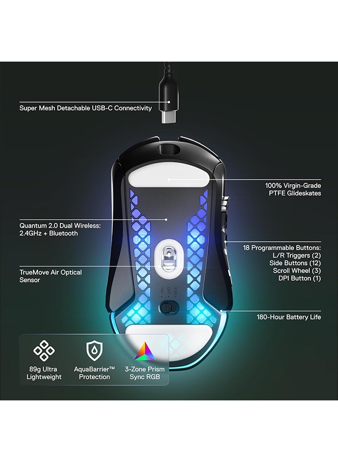 ستيل سيريز فأرة الألعاب اللاسلكية Steelseries Aerox 9 خفيفة الوزن للغاية Mmo/Moba 89G 18 زر قابل للبرمجة بلوتوث/2.4 جيجا هرتز Ip54 مقاومة للماء بطارية 180 ساعة، أسود  - Image 4