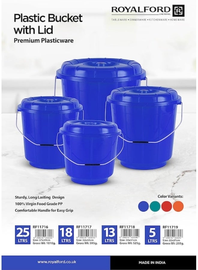 Royalford - Royalford 13L Plastic Bucket with Lid- RF11718 Multi-Purpose Utility Bucket with a Lid And Steel Handle Break-Resistant, Light-Weight, Durable Construction Perfect For Bathroom, Kitchen Assorted Colour - Image 1