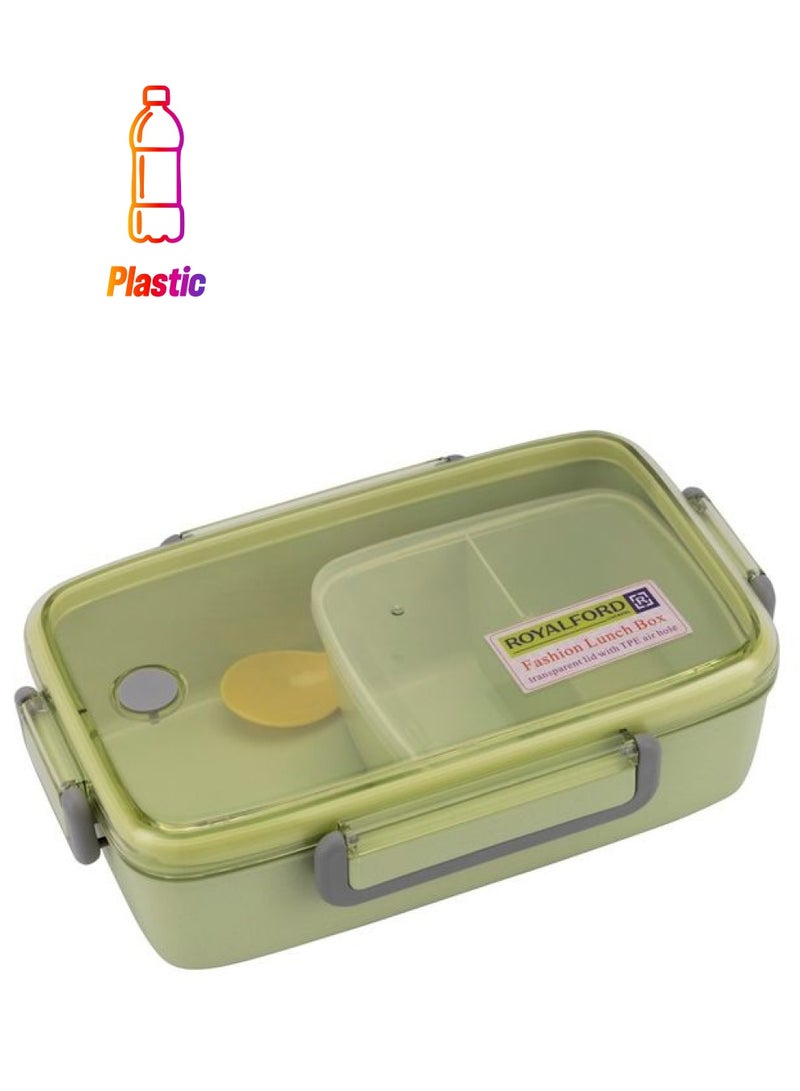 Royalford - 950ML Lunch Box with Cutlery- Plasticware- RF11125 | Rectangular Box with Transparent Lid and Compartments| Plastic Tiffin for Kids and Adults for Schools and Offices| Sturdy Locks, Leak-Proof Multicolour 950ml - Image 1