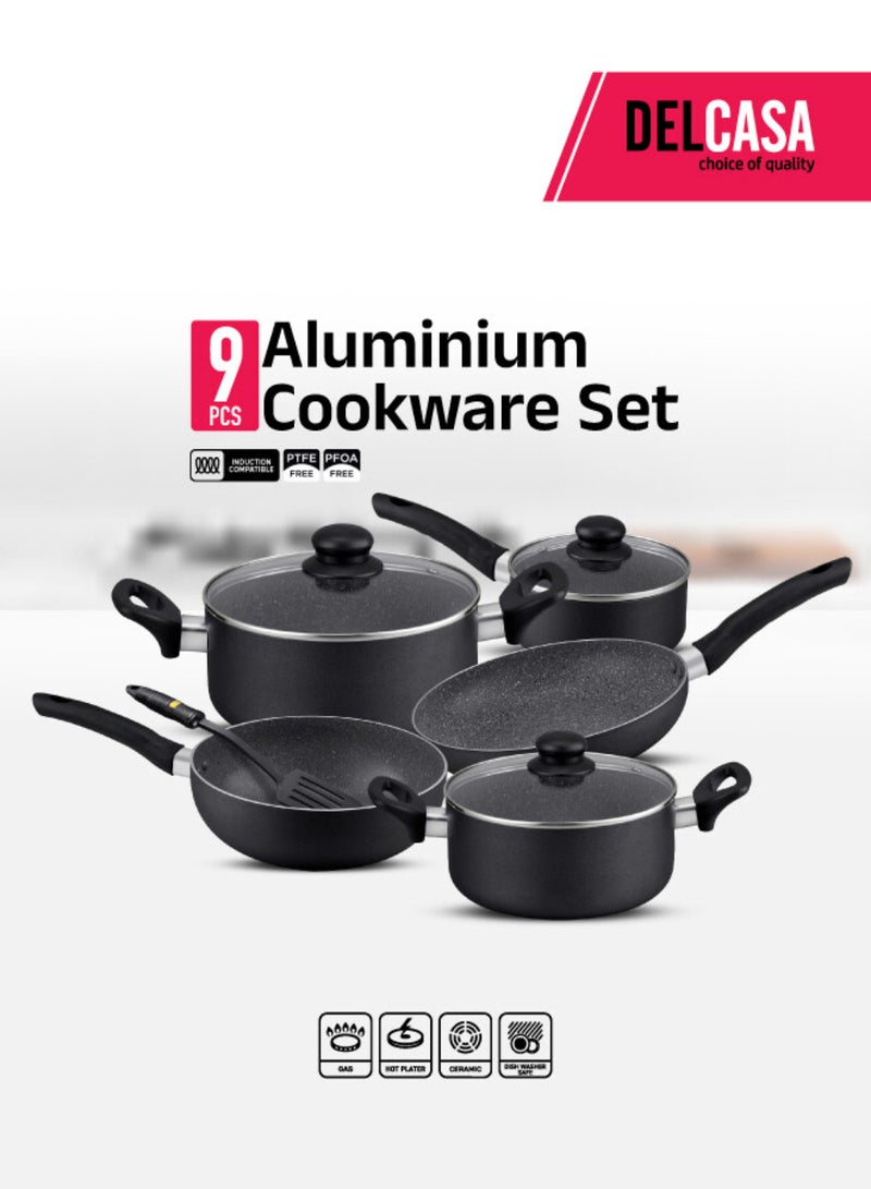Royalford 9-Piece Smart Aluminum Cookware Set – Durable Marble Non-Stick Coating, Forged Aluminum, Induction Compatible Black 59.5x21.5x33.5cm - Image 2