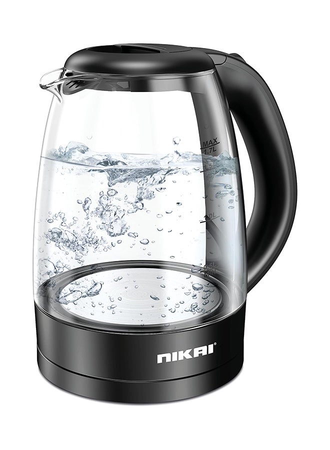 NIKAI Electric Glass Kettle, Led Indicator, Auto Shut Off, Cord Storage, 360° Rotating Base, Sleek Design, Anti-Slip Feet, Detachable Filter, Quick Boiling, For Home And Office Use 1.7 L 2200 W NK323GX Black/Clear 