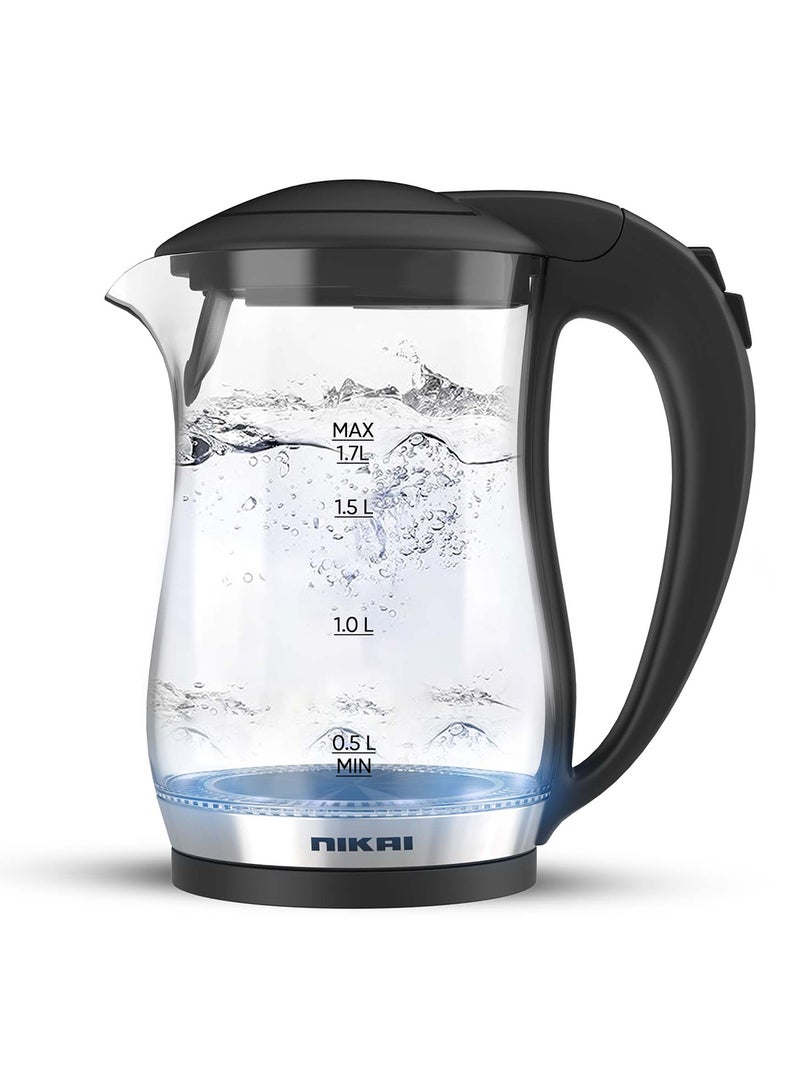 NIKAI Electric Glass Kettle, Led Indicator, Auto Shut Off, Cord Storage, 360° Rotating Base, Sleek Design, Anti-Slip Feet, Detachable Filter, Quick Boiling, For Home And Office Use 1.7 L 2200 W NK323GX Black/Clear - Image 1
