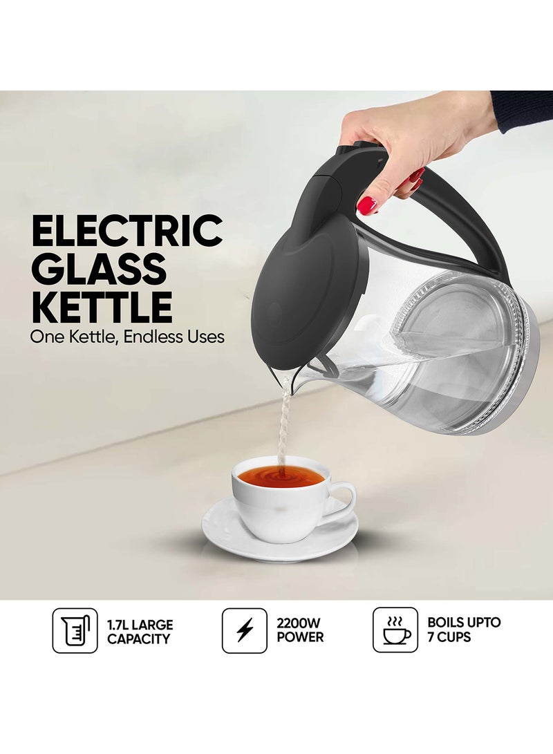 NIKAI Electric Glass Kettle, Led Indicator, Auto Shut Off, Cord Storage, 360° Rotating Base, Sleek Design, Anti-Slip Feet, Detachable Filter, Quick Boiling, For Home And Office Use 1.7 L 2200 W NK323GX Black/Clear - Image 2