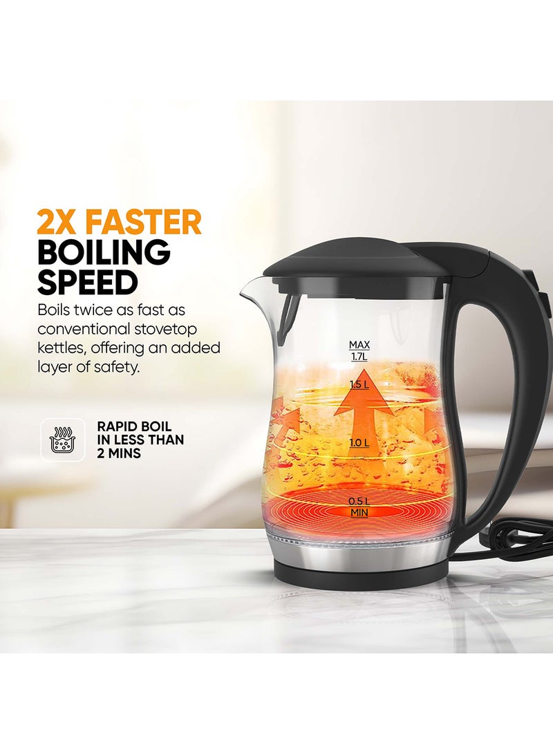 NIKAI Electric Glass Kettle, Led Indicator, Auto Shut Off, Cord Storage, 360° Rotating Base, Sleek Design, Anti-Slip Feet, Detachable Filter, Quick Boiling, For Home And Office Use 1.7 L 2200 W NK323GX Black/Clear - Image 5