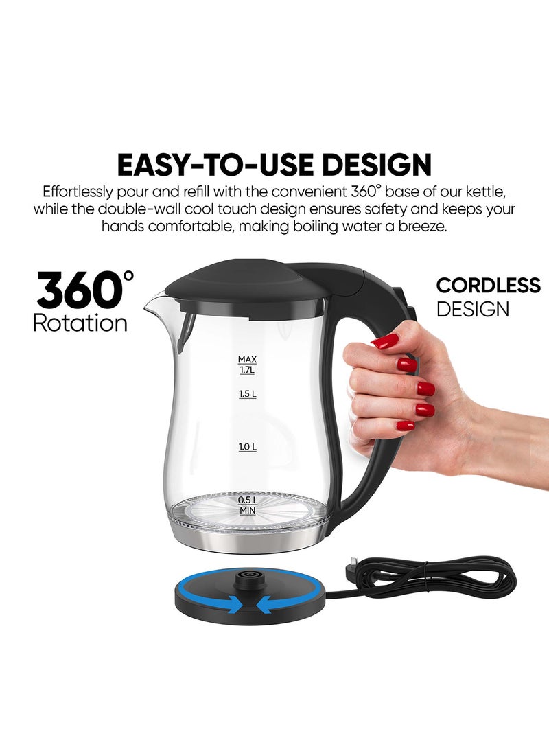 NIKAI Electric Glass Kettle, Led Indicator, Auto Shut Off, Cord Storage, 360° Rotating Base, Sleek Design, Anti-Slip Feet, Detachable Filter, Quick Boiling, For Home And Office Use 1.7 L 2200 W NK323GX Black/Clear - Image 4