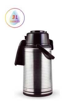 رويال فورد ترمس هوائي معزول بجدار مزدوج، بسعة 3 لتر، RF10725 | قاعدة دوارة 360 درجة | محمول ومقاوم للتسرب | ترمس مضخة للمشروبات الساخنة/الباردة، الشاي، القهوة، باللون الفضي.  - Image 1