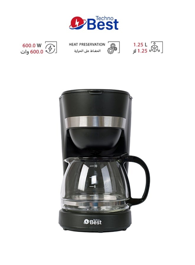 تكنو بيست ماكينة صنع القهوة 1.25 L 600 W BCM-001 أسود  - Image 1