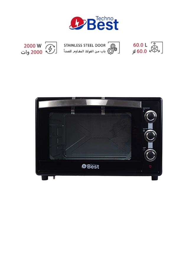 تكنو بيست - فرن كهربائي 45 لتر باب زجاجي مزدوج 60 L 2000 W BEO-060 أسود - Image 1