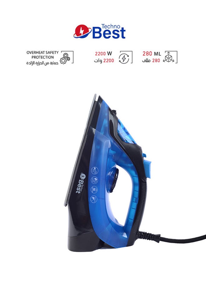 Techno Best Steam Iron 280 ml 2200 W BSI-002 Black/Blue  - Image 1