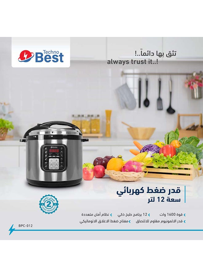 تكنو بيست - قدر ضغط 12 L 1600 W BPC-012 فضي/ أسود - Image 1