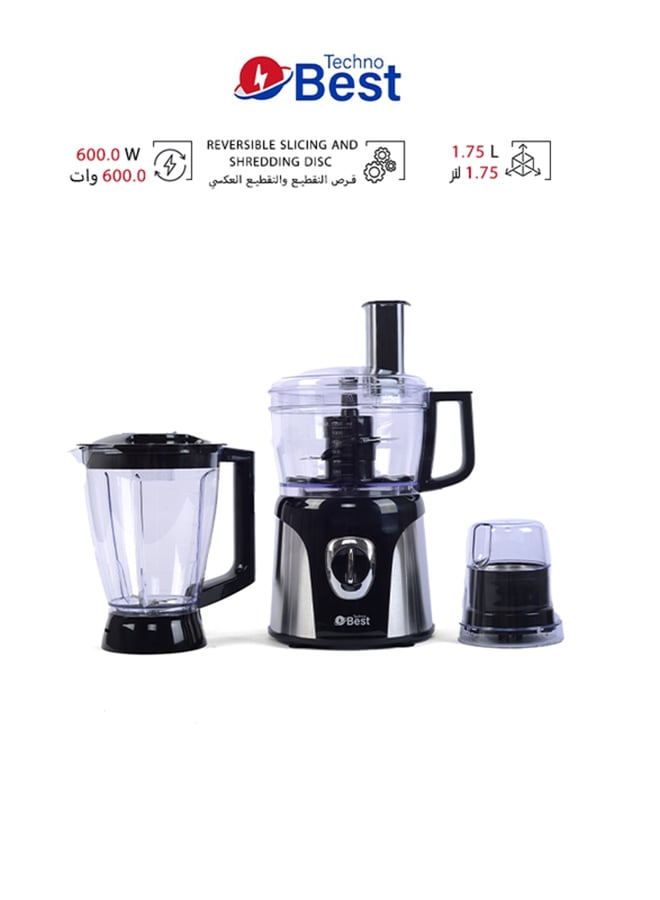 Techno Best 3-In-1 Food Processor 1.75 L 600 W BFP-001 Black  - Image 1