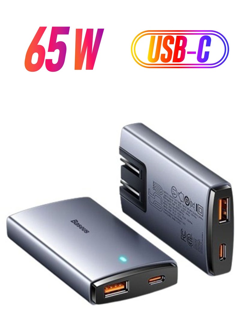 Baseus USB C Charger, 65W 2 Port Flat USB Wall Charger PD 3.0, Ultra-Slim GaN5 Pro Charger UK/EU/US Adapter Plug for MacBook, iPhone 15/14/13/12/11/Pro Max/XS/XR, Samsung, iPad, Steam Deck with Charging Cable Black  - Image 1