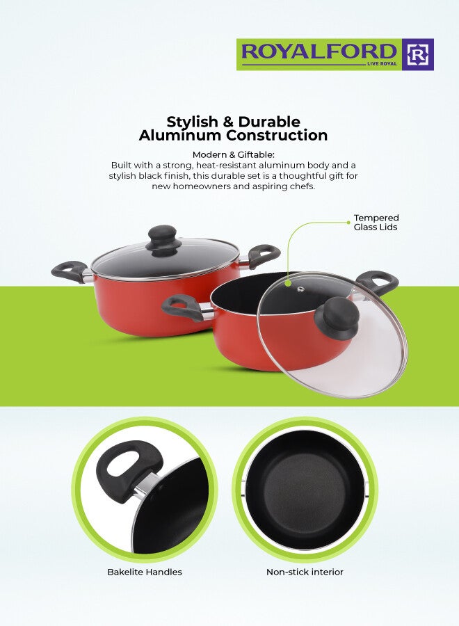 رويال فورد طقم أواني طهي و قدور غير لاصقة مكون من 9 قطع، هيكل من الألومنيوم مع هيكل من 3 طبقات أحمر 54.5x20x33سم - Image 2