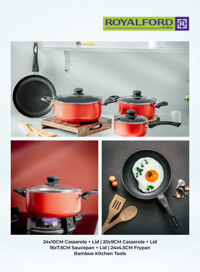 رويال فورد طقم أواني طهي و قدور غير لاصقة مكون من 9 قطع، هيكل من الألومنيوم مع هيكل من 3 طبقات أحمر 54.5x20x33سم - Image 5