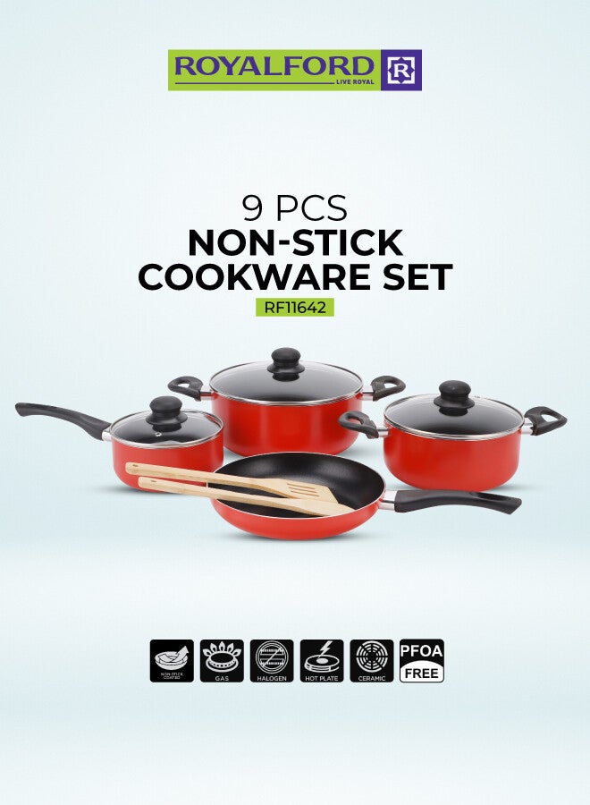 رويال فورد طقم أواني طهي و قدور غير لاصقة مكون من 9 قطع، هيكل من الألومنيوم مع هيكل من 3 طبقات أحمر 54.5x20x33سم - Image 1