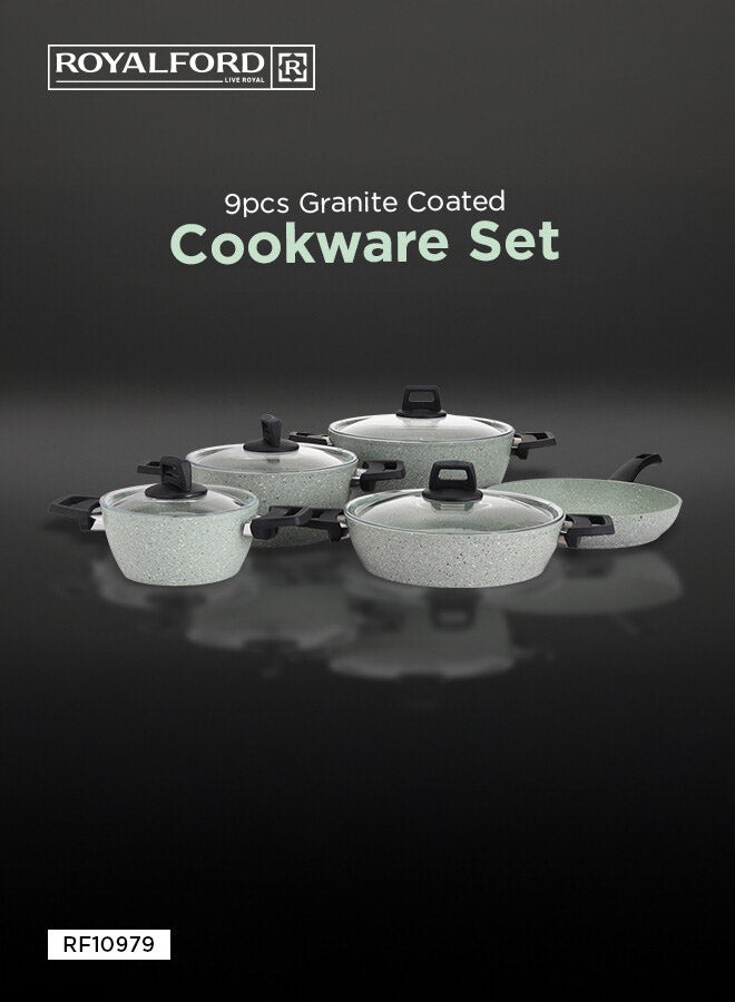 رويال فورد طقم أواني طهي و قدور جرانيت 9 قطع مع غطاء زجاجي مقوى رويال فور أخضر 68.5x39x21سم - Image 1