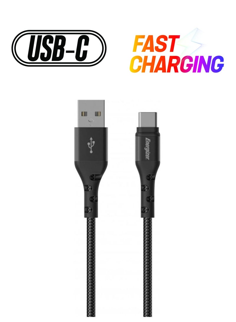 Energizer Ultimate Metal Braided USB-A To Type-C Cable, Compatible With Quick Charge, High-Twist Resistance, Fast Charging Cable, 2M Black - Image 1