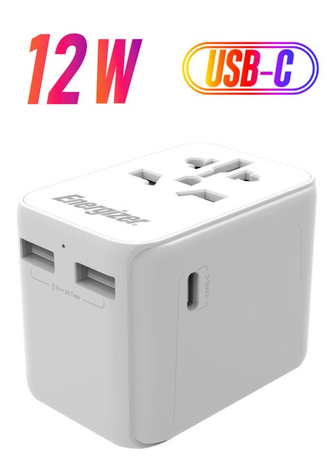 International Travel Adapter, Charge 4 Devices, 3x USB-A And 1x USB-C Ports, US-UK-EU-AU Plugs, Mfi Certified Type-C Output White