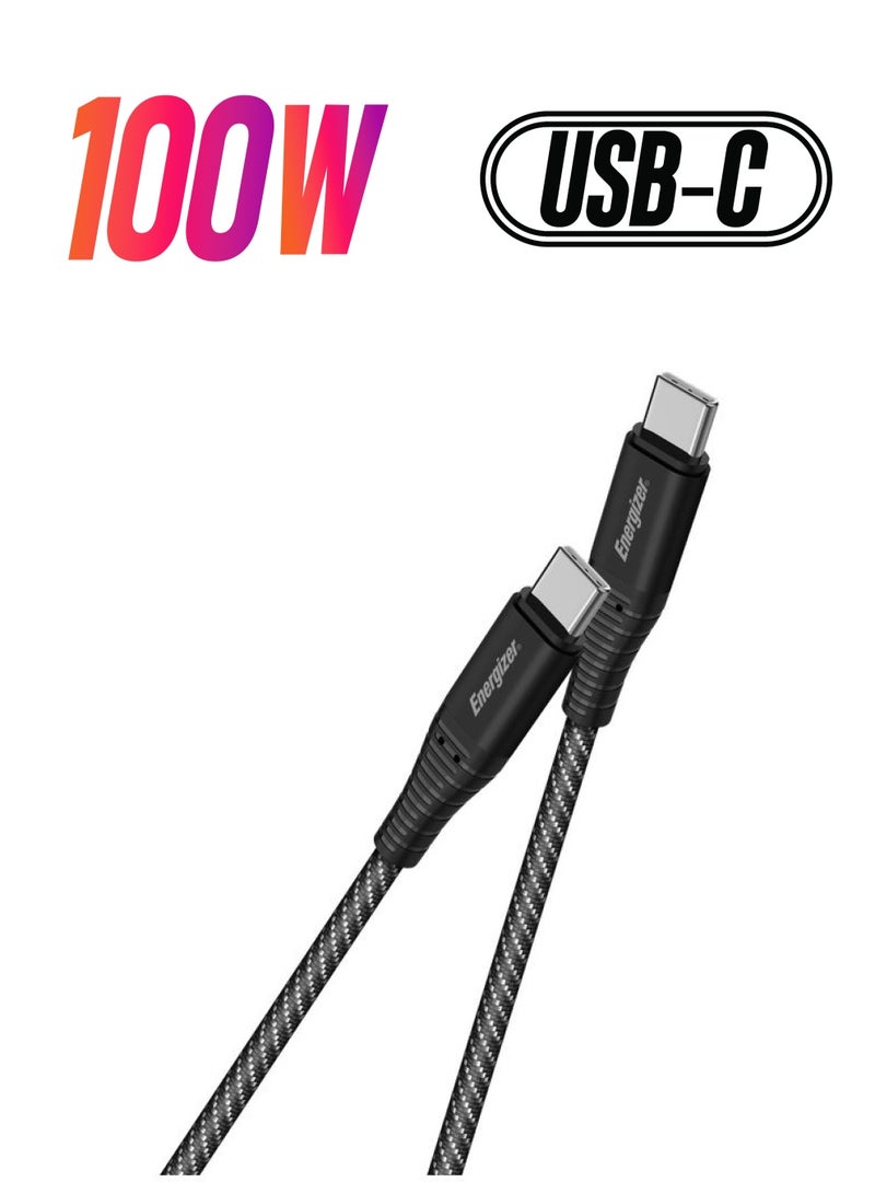 Energizer Ultimate Metal Braided USB C To USB C Cable Right Angle 2M 100W 5A PD Fast Charge USB C Power Data Lead Compatible With iPhone 15 Series, MacBook Pro/Air, iPad Pro, Samsung S23, Huawei Lenovo ThinkPad Dell Black - Image 1