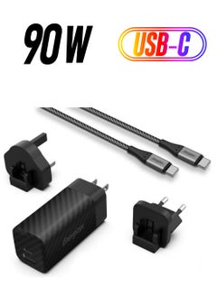 محول GaN USB-C النهائي بقدرة 90 وات للهواتف الذكية والأجهزة اللوحية وأجهزة الكمبيوتر المحمولة وأجهزة الألعاب، وتوصيل الطاقة، وكابل من النوع C إلى النوع C بقدرة 100 وات، ومخرجات USB-A ونوع C، ومقابس دولية