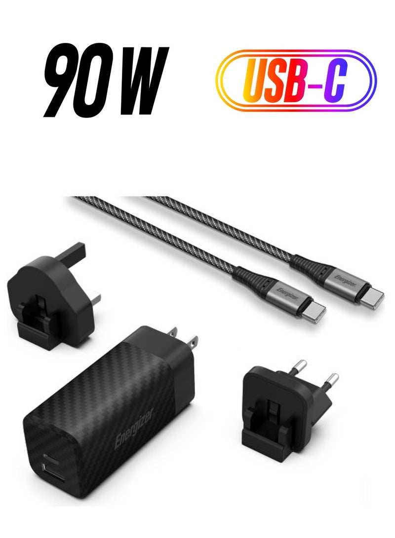 إنرجايزر - محول GaN USB-C النهائي بقدرة 90 وات للهواتف الذكية والأجهزة اللوحية وأجهزة الكمبيوتر المحمولة وأجهزة الألعاب، وتوصيل الطاقة، وكابل من النوع C إلى النوع C بقدرة 100 وات، ومخرجات USB-A ونوع C، ومقابس دولية - Image 1