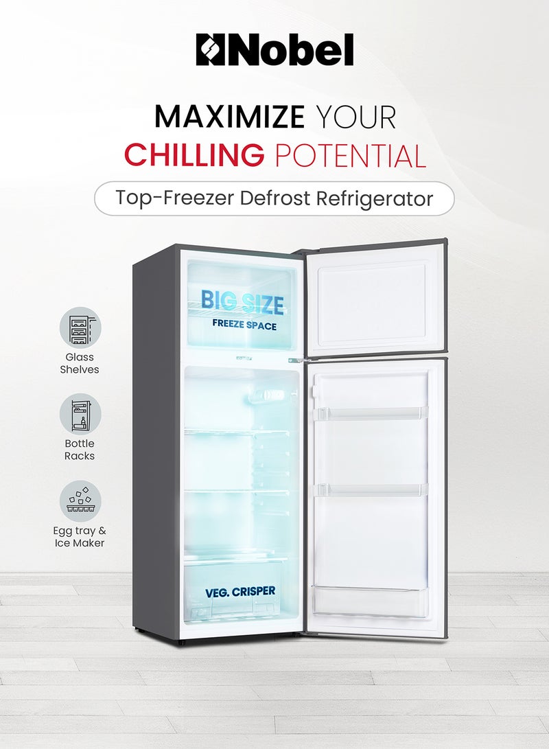 Nobel - 225 L Gross / 210 L Net, Double Door Refrigerator, Defrost, R600a Refrigerant, 3 Star Esma, Temperature Control, Inside Light, Outside Condenser, Removable gasket, Vegetable Crisper NR255RSI Inox - Image 1