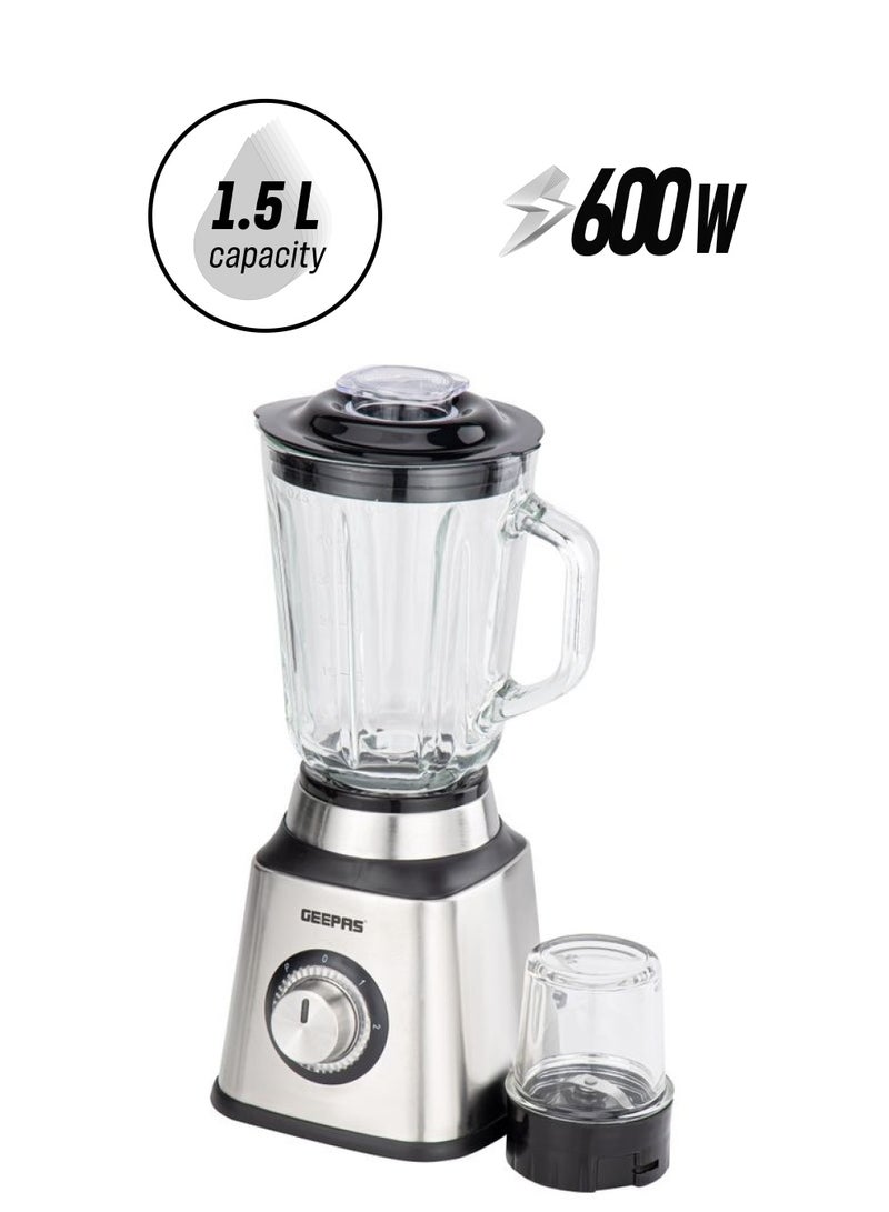 GEEPAS Stainless Steel Blender, Powerful Motor and Sharp Blade Transparent Glass Jars with Stainless Steel Blades 1.5 L Jar and Grinder Attachment 1500 ml 600 W GSB44076UK Black and Silver - Image 1