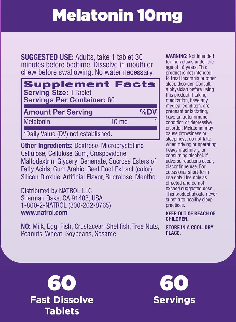 Melatonin Fast Dissolve, 10mg - 60 Tablets, Packaging May Vary