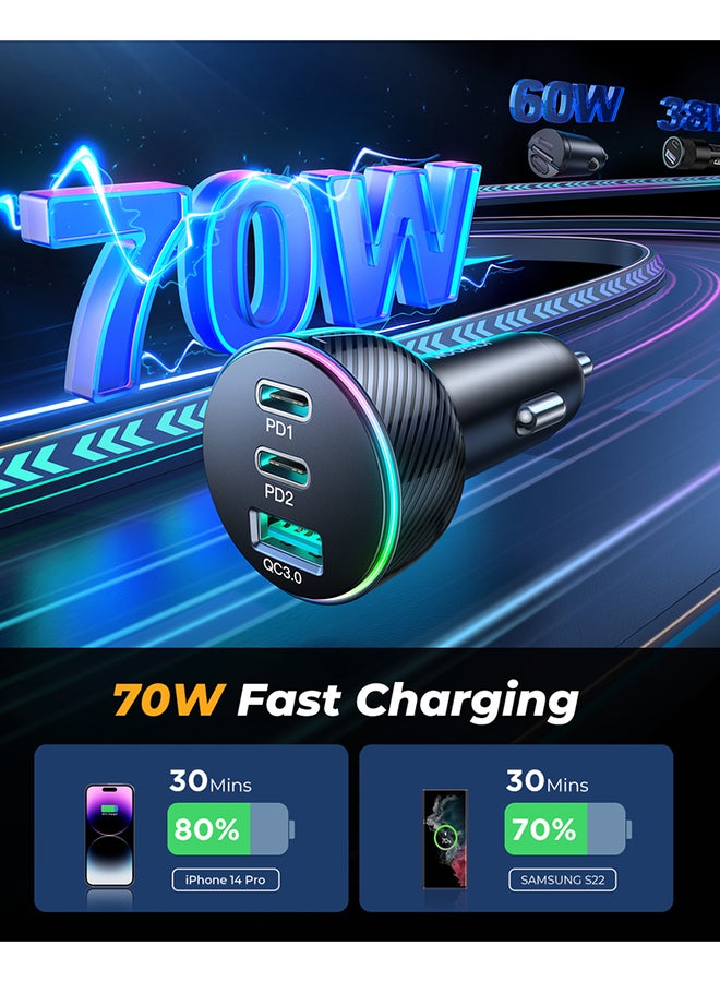 JOYROOM 70W 3-Port Fast Charging Car Charger | Dual USB-C PD + USB-A QC 3.0 | Fast Charging with LED Light (iPhone 80% in 35 mins only), Carbon Fibre Design, Smart Chip | Compatible with iPhone 16 15 14 13 12, Samsung 24/23, Ipad, Huawei & More | Overheat Protection – CE Certified – Top Quality Black  - Image 2