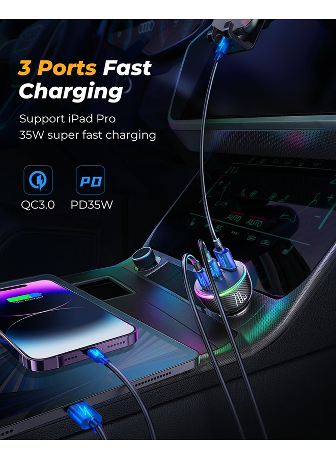 JOYROOM 70W 3-Port Fast Charging Car Charger | Dual USB-C PD + USB-A QC 3.0 | Fast Charging with LED Light (iPhone 80% in 35 mins only), Carbon Fibre Design, Smart Chip | Compatible with iPhone 16 15 14 13 12, Samsung 24/23, Ipad, Huawei & More | Overheat Protection – CE Certified – Top Quality Black  - Image 3