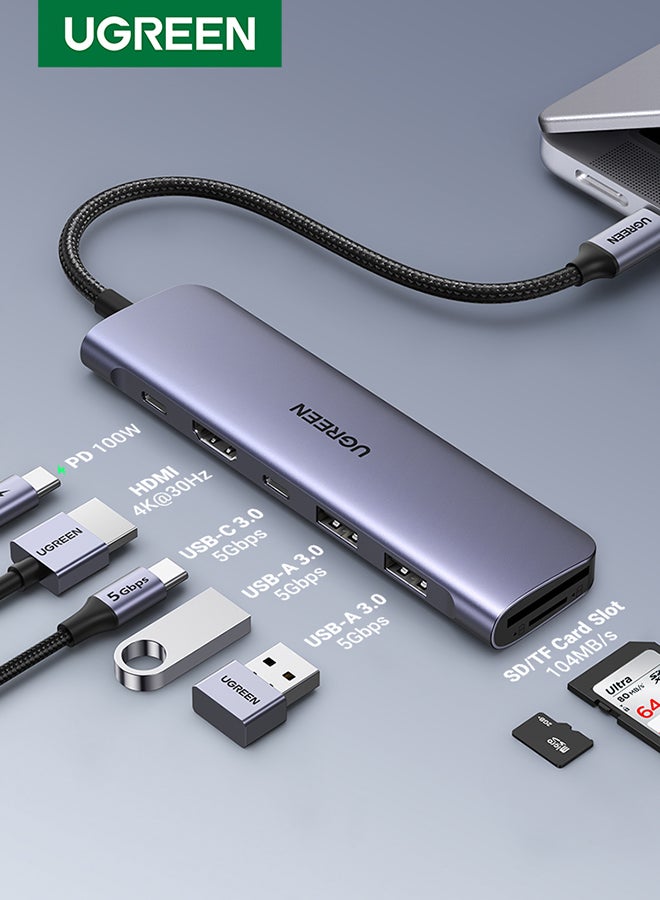 يو جرين موزع USB C ب7 في 1 محول تايب سي بـواحد منفذ تايب سي ومنفذين USB-A 3.0 لنقل بيانات، مع منفذ شحن سريع 100W، منفذ 4K يواس بي سي الى HDMI، قارئ بطاقة SD/TF، محول متعدد المنافذ لأيفون 15 وماك بوك برو وماك اير رمادي 