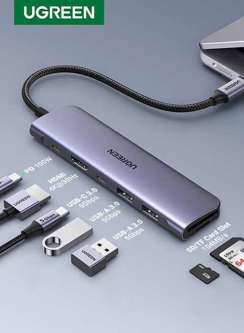 Revodok 1071 USB C Hub 7-in-1 with 5Gbps 3.0 Data Ports, PD 100W Charging, 4K HDMI, SD/TF Card Reader, USB C Multiport Adapter for MacBook Pro/Air M1/M2 iPad Pro/Air Surface Grey