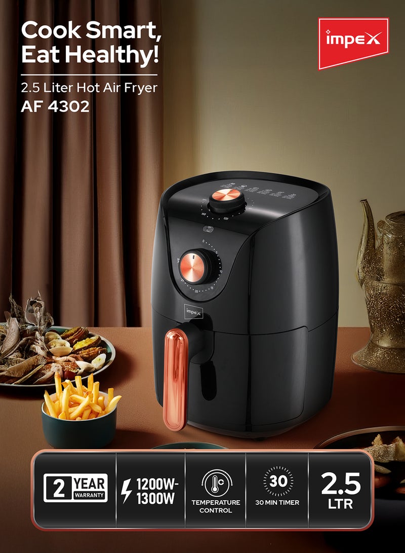 Impex - 2.5 Ltr Hot Air Fryer, Temperature Control, 30-Min Timer, Non-Stick Safe Rack, Overheating Protection, Cool Touch Handle, Non-Slip Feet 2.5 L 1200 W AF 4302 Black - Image 1