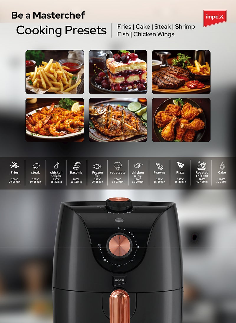 Impex - 2.5 Ltr Hot Air Fryer, Temperature Control, 30-Min Timer, Non-Stick Safe Rack, Overheating Protection, Cool Touch Handle, Non-Slip Feet 2.5 L 1200 W AF 4302 Black - Image 1