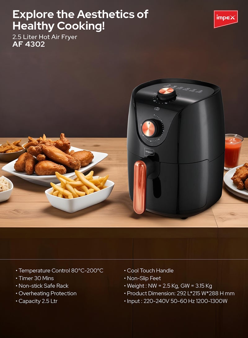 Impex - 2.5 Ltr Hot Air Fryer, Temperature Control, 30-Min Timer, Non-Stick Safe Rack, Overheating Protection, Cool Touch Handle, Non-Slip Feet 2.5 L 1200 W AF 4302 Black - Image 1