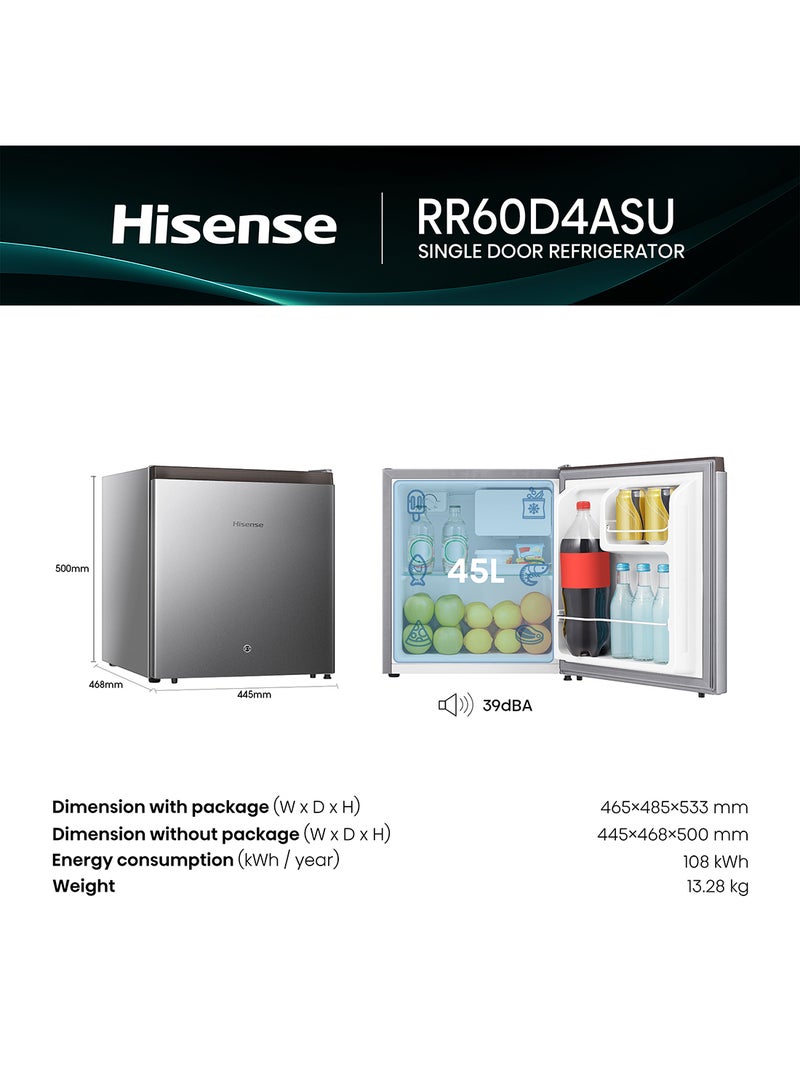 Hisense Gross 60L/Net 45L Single Door Refrigerator Minibar Fridge RR60D4ASU, Adjustable Thermostat, Big Door Balcony, Separate Chiller, Low Noise RR60D4ASU Silver - Image 3
