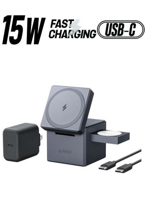 3-in-1 Cube Compatible with MagSafe, 15W Fast Charging Foldable Wireless Charger, Compatible with iPhone 16/15/14/13, Apple Watch 1-8/Ultra, AirPods Pro (Charger and Interchangeable Plugs Included) Grey