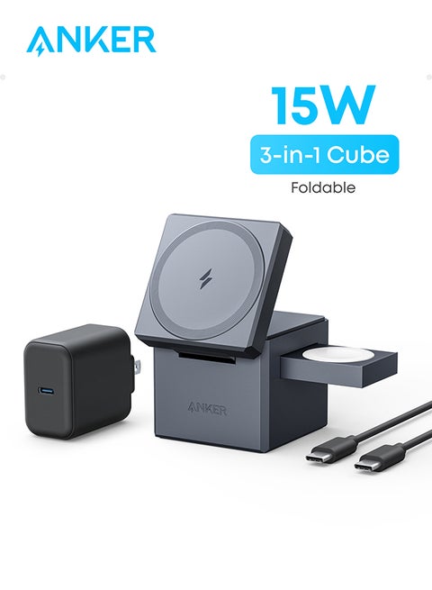 3-in-1 Cube Compatible with MagSafe, 15W Fast Charging Foldable Wireless Charger, Compatible with iPhone 16/15/14/13, Apple Watch 1-8/Ultra, AirPods Pro (Charger and Interchangeable Plugs Included) Grey