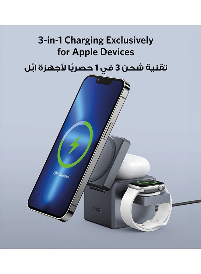 Anker 3-in-1 Cube Compatible with MagSafe, 15W Fast Charging Foldable Wireless Charger, Compatible with iPhone 16/15/14/13, Apple Watch 1-8/Ultra, AirPods Pro (Charger and Interchangeable Plugs Included) Grey  - Image 4