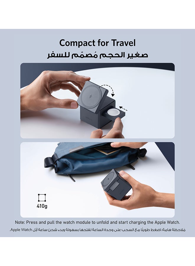 Anker 3-in-1 Cube Compatible with MagSafe, 15W Fast Charging Foldable Wireless Charger, Compatible with iPhone 16/15/14/13, Apple Watch 1-8/Ultra, AirPods Pro (Charger and Interchangeable Plugs Included) Grey  - Image 2