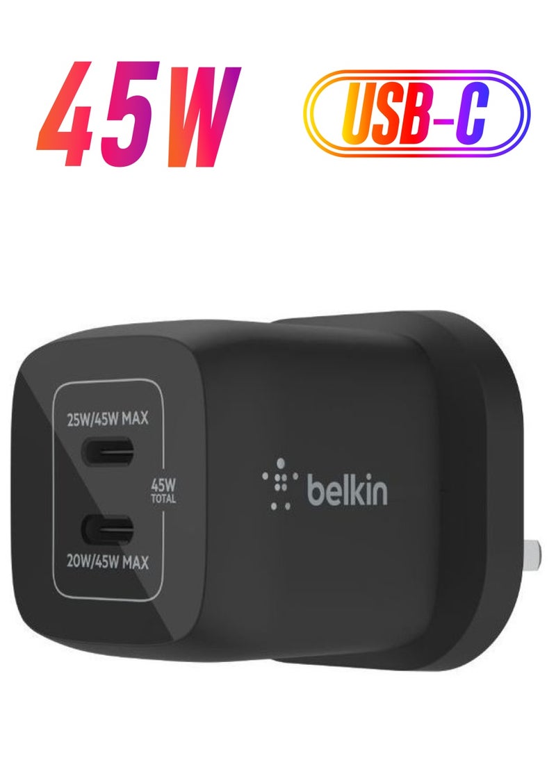 belkin 45W Dual USB Type C Wall Charger With GaN Technology   Power Delivery 3.0 For iPhone 15 Plus Pro Pro Max iPad Pro 12.9 11 MacBook Galaxy S24 Pixel   High Speed USB C ChargIng Black  - Image 1