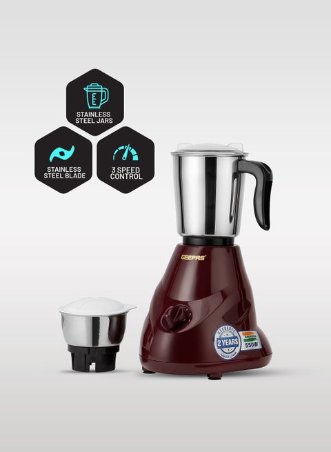 2-In-1 Mixer Grinder With Stainless Steel Jar And Blade/3 Speed Control/Overload Protection 550 W GSB44091 Maroon/Black/Silver